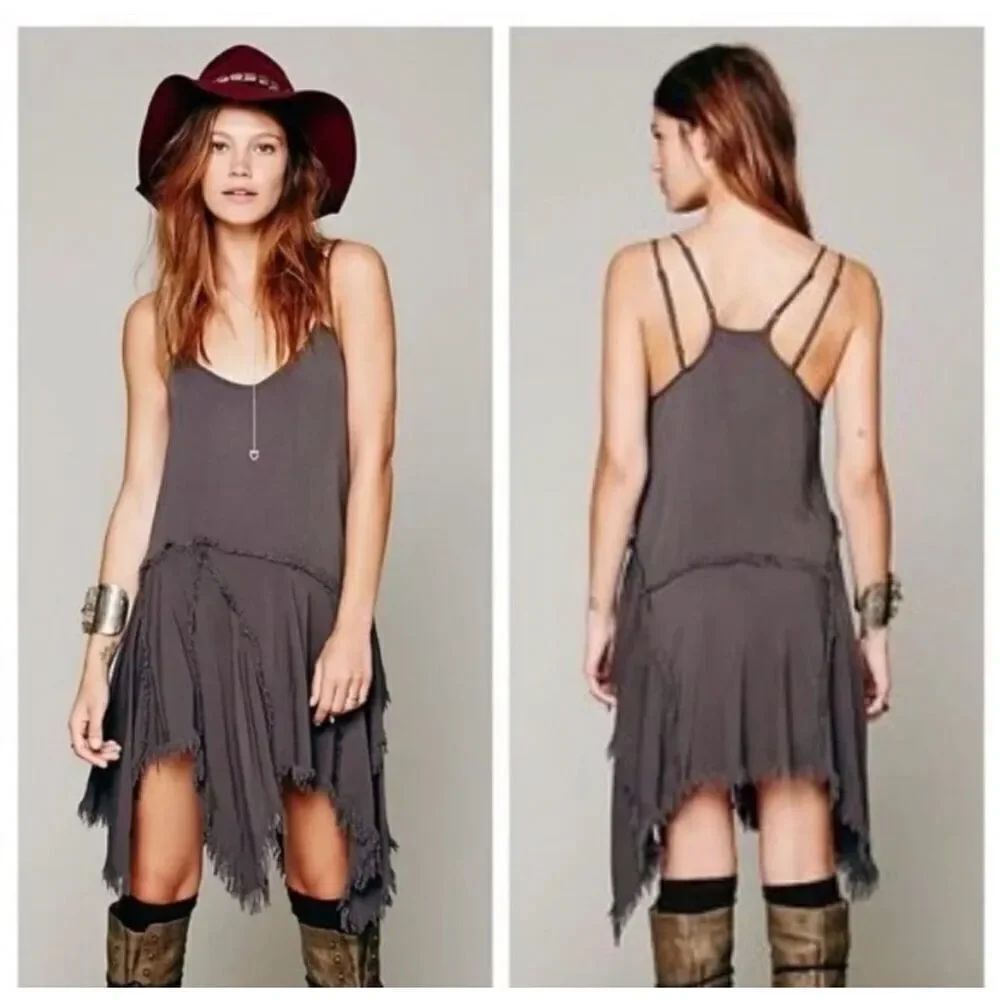 Intimately Free People Gray Tattered Up Fringe Hem Spaghetti Strap Boho Dress sz